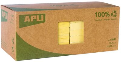 Öntapadó jegyzettömb, 75x75 mm, 100 lap, újrahasznosított, APLI "Classic", sárga, (1200 lap)