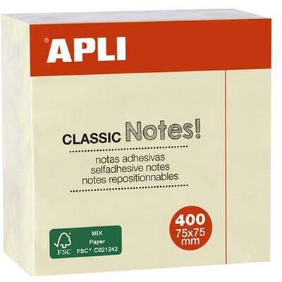 Öntapadó jegyzettömb, 75x75 mm, 400 lap, APLI "Classic", sárga, (400 lap)