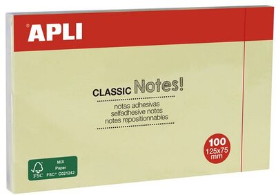 Öntapadó jegyzettömb, 125x75 mm, 100 lap, APLI "Classic", sárga, (100 lap)