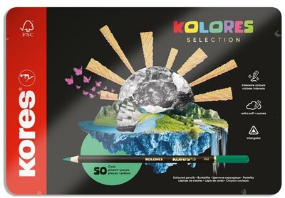 Színes ceruza készlet, háromszögletű, fém doboz, KORES "Kolores Selection", 50 különböző szín, (50 db)