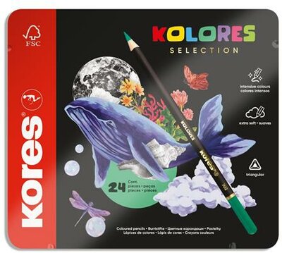Színes ceruza készlet, háromszögletű, fém doboz, KORES "Kolores Selection", 24 különböző szín, (24 db)