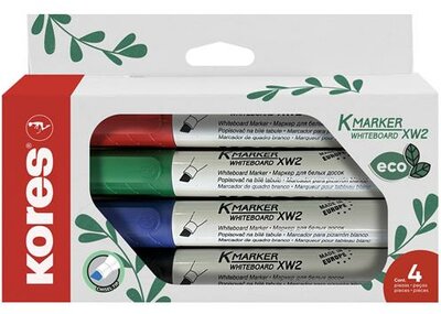Tábla- és flipchart marker készlet, 3-5 mm, vágott, KORES "ECO K-Marker XW2", 4 különböző szín, (4 db)