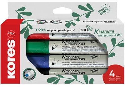 Tábla- és flipchart marker készlet, 3 mm, kúpos, KORES "ECO K-Marker XW1", 4 különböző szín, (4 db)