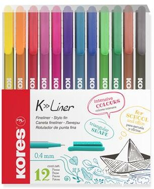 Tűfilc készlet, 0,4 mm, KORES "K-Liner", 12 különböző szín, (12 db)