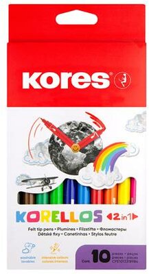 Filctoll készlet, 1-3 mm, kétvégű, kimosható, KORES "Korellos 2in1", 10 különböző szín, (10 db)