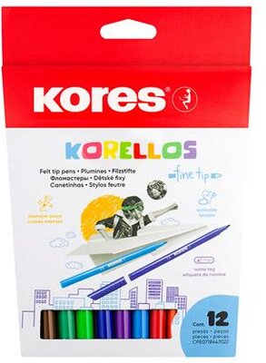 Filctoll készlet, kimosható, KORES "Korellos", 12 különböző szín, (12 db)