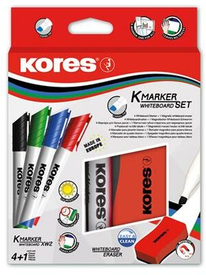 Tábla- és flipchart marker készlet mágneses táblatörlő szivaccsal, 3-5 mm, vágott, KORES "XW2", 4 különböző szín, (4 db)