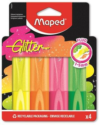 Szövegkiemelő készlet, 1-5 mm, MAPED "Glitter Fluo Peps", vegyes fluoreszkáló színek, (4 db)
