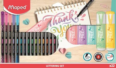 Kalligrafikus készlet, 22 darabos, MAPED "Lettering Set", 6 szövegkiemelő + 16 tűfilc különböző színekben, (22 db)