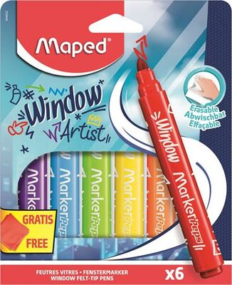 Ablakfilc készlet, vastag, törlőkendővel, 5 mm, MAPED "Marker'Peps", 6 különböző szín, (6 db)