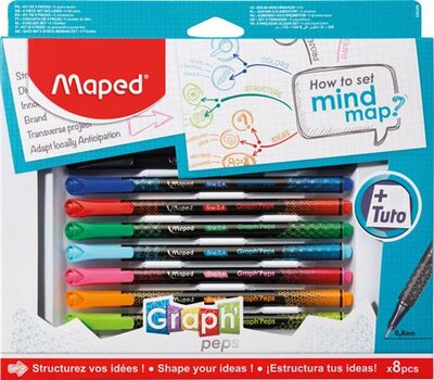 Tűfilc készlet, 0,4 mm, MAPED "Graph'Peps - How to Mind Map Box", 8 különböző szín, (8 db)