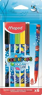 Filctoll készlet, 2 mm, kimosható, MAPED "Color'Peps Ocean Life", 6 különböző szín, (6 db)