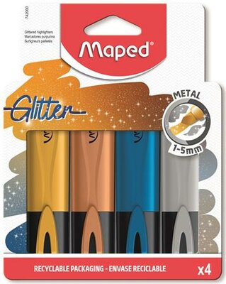 Szövegkiemelő készlet, 1-5 mm, MAPED "Glitter Fluo Peps", 4 különböző metálfényű szín, (4 db)