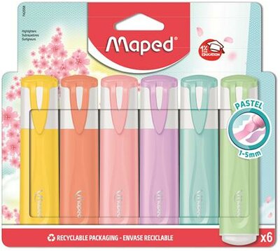 Szövegkiemelő készlet, 1-5 mm, MAPED "Fluo Peps Quality", 6 különböző pasztell szín, (6 db)