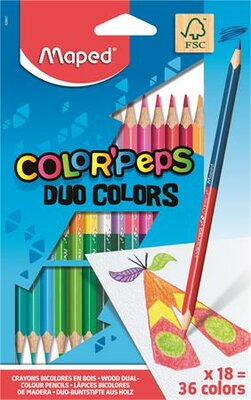 Színes ceruza készlet, háromszögletű, kétvégű, MAPED "Color'Peps Duo", 36 különböző szín, (18 db)