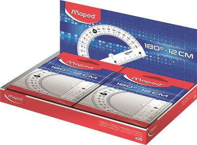 Szögmérő, műanyag 180°-os kínáló dobozos MAPED "Essentials", (20 db)