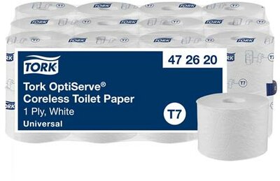 Toalettpapír, belsőmag nélküli, T7 rendszer, 1 rétegű, 13,1 cm átmérő, Universal, TORK "OptiServe", fehér, (24 tek)