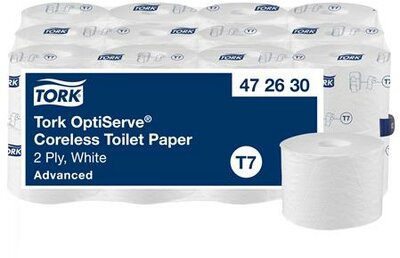 Toalettpapír, belsőmag nélküli, T7 rendszer, 2 rétegű, 13,1 cm átmérő, Advanced, TORK "OptiServe", fehér, (24 tek)