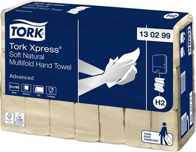 Kéztörlő, Interfold hajtás, 2 rétegű, 180 lap, H2 rendszer, Advanced, TORK "Xpress Soft Multifold", natúr, (21 csom)
