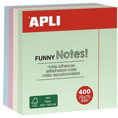 Öntapadó jegyzettömb, 75x75 mm, 400 lap, APLI "Funny", pasztell, (400 lap)