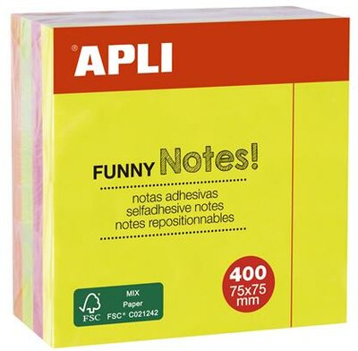 Öntapadó jegyzettömb, 75x75 mm, 400 lap, APLI "Funny", neon, (400 lap)