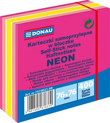 Öntapadó jegyzettömb, 76x76 mm, 400 lap, DONAU, neon-pasztell mix, rózsaszín árnyalatok, (400 lap)