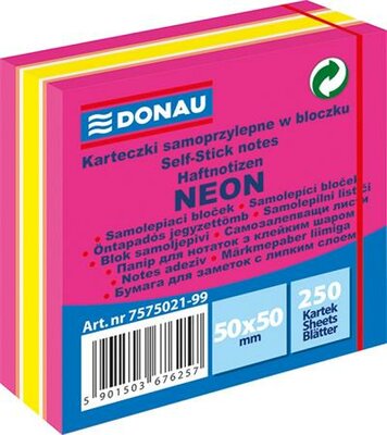Öntapadó jegyzettömb, 50x50 mm, 250 lap, DONAU, neon rózsaszín, (250 lap)