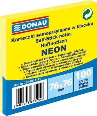 Öntapadó jegyzettömb, 76x76 mm, 100 lap, DONAU, neon sárga, (100 lap)