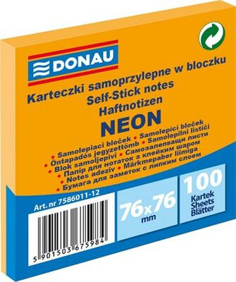 Öntapadó jegyzettömb, 76x76 mm, 100 lap, DONAU, neon narancssárga, (100 lap)