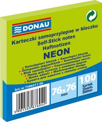 Öntapadó jegyzettömb, 76x76 mm, 100 lap, DONAU, neon zöld, (100 lap)
