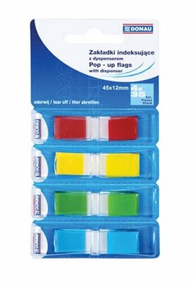 Jelölőcímke, műanyag, 4x35 lap, 12x45 mm, DONAU, vegyes szín, (140 lap)
