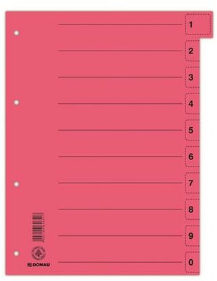Regiszter, karton, A4, mikroperforált, DONAU, piros, (50 db)