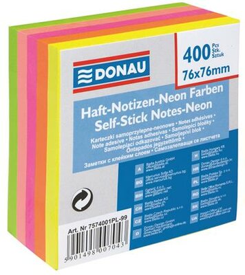 Öntapadó jegyzettömb, 76x76mm, 400lap, DONAU, vegyes neon színek, (400 lap)