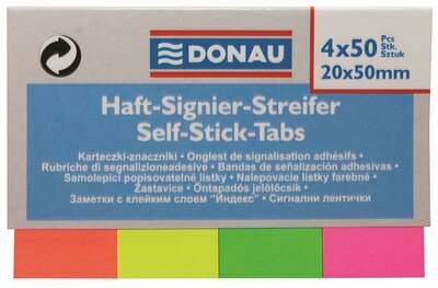 Jelölőcímke, papír, 4x50 lap, 20x50 mm, DONAU, vegyes szín, (200 lap)