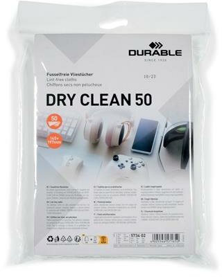 Tisztítókendő, képernyőhöz, 50 db, DURABLE "DRY CLEAN 50", fehér, (50 db)