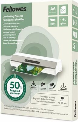 Meleglamináló fólia, 80 mikron, A6, fényes, 100 db, FELLOWES "Light", (100 db)