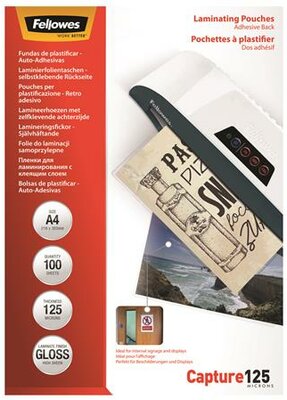 Meleglamináló fólia, 125 mikron, A4, fényes, öntapadó, 100 db, FELLOWES, (100 db)