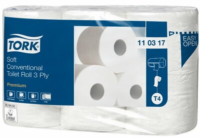 Toalettpapír, T4 rendszer, 3 rétegű, 12 cm átmérő, Premium, TORK "Soft", fehér, (6 tek)