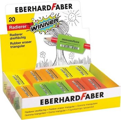 Radír display, ceruzafogó, háromszögletű, EBERHARD FABER "Winner", vegyes neon színek, (20 db)