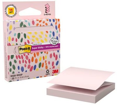Öntapadó jegyzettömb, "Z", adagolóval, 76x76 mm, 90 lap, 3M POSTIT "Super Sticky", pasztel rózsaszín, (90 lap)