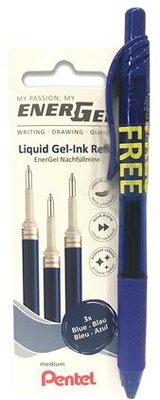 Zseléstollbetét csomag, 0,35 mm, PENTEL"EnerGel LR7", ajándék zseléstollal, kék, (3 db)