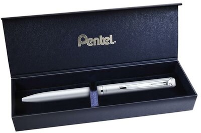 Zseléstoll, 0,35 mm, rotációs, ezüst tolltest, PENTEL "EnerGel BL-2007" fekete, ajándék kék betéttel
