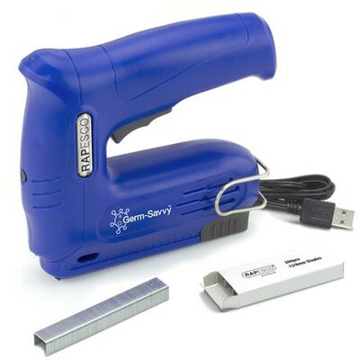 Tűzőpisztoly, vezeték nélküli, elektromos, USB, RAPESCO Germ-Savvy "T12-USB", kék