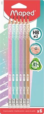 Grafitceruza radírral, HB, háromszögletű, MAPED "Black'Peps Glitter Deco", vegyes pasztell színek, (6 db)