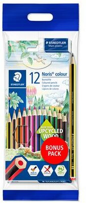 Színes ceruza készlet, hatszögletű, ajándék grafitceruzával és radírral, STAEDTLER "Noris 185", 12 különböző szín, (14 db)