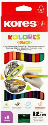 Színes ceruza készlet, kétvégű, háromszögletű, KORES "Duo", 24 különböző szín, (12 db)