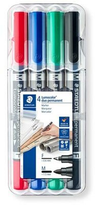 Alkoholos marker készlet, 0,6/1,5 mm, kúpos, kétvégű, STAEDTLER "Lumocolor® duo 348", 4 különböző szín, (4 db)