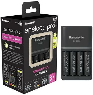 Elemtöltő, AA/AAA, 4x2500 mAh AA, gyorstöltő, PANASONIC "Eneloop Pro"