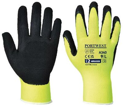 Védőkesztyű, nylon, latexhab, tenyerén mártott, M méret "Hi-Vis Grip", sárga