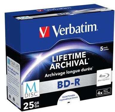 VERBATIM - BD-R BluRay lemez, archiváló, nyomtatható, M-DISC, 25GB, 4x, 1 db, normál tok, - 43823
